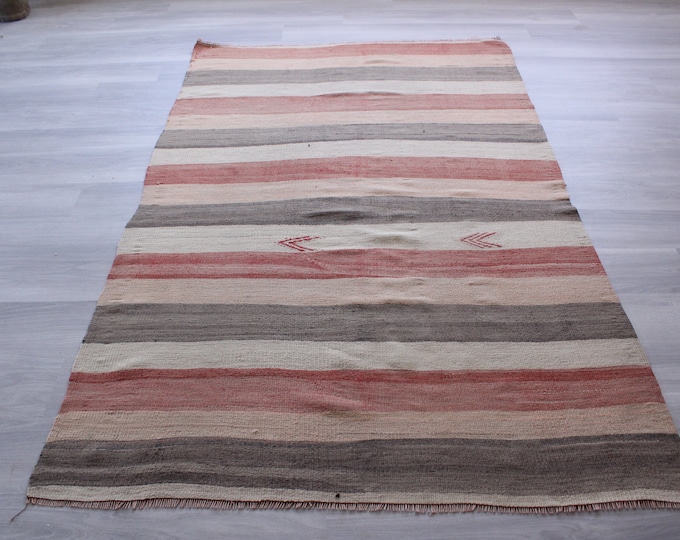 4'7"x7'6" ft  Vintage Striped Kilim,  Coral-Beige-Gray Coloured Kilim, Ethnic Kilim, Bohemian Kilim, Vintage Turkish Kilim