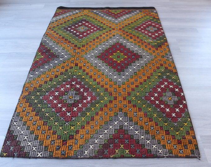 Vintage Ethnic Kilim, Bohemian Kilim Rug, Colored Flat Rug, Ethnic Flat Rug / N-1069 / 3'7"x5'7"