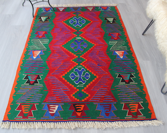 3'8"x5'6" ft Vintage Kilim, Turkish Wool Kilim, Ethnic Area Kilim, Bohemian Kilim, Dark Teal Green Kilim, Anatolian Kilim Rug