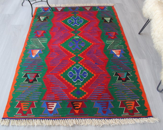 3'8"x5'6" ft Vintage Kilim, Turkish Wool Kilim, Ethnic Area Kilim, Bohemian Kilim, Dark Teal Green Kilim, Anatolian Kilim Rug