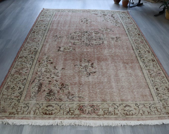Powder Pink Rug, 6'3"x9'6",  Vintage Distressed Muted Color Large Oushak Rug / B-266