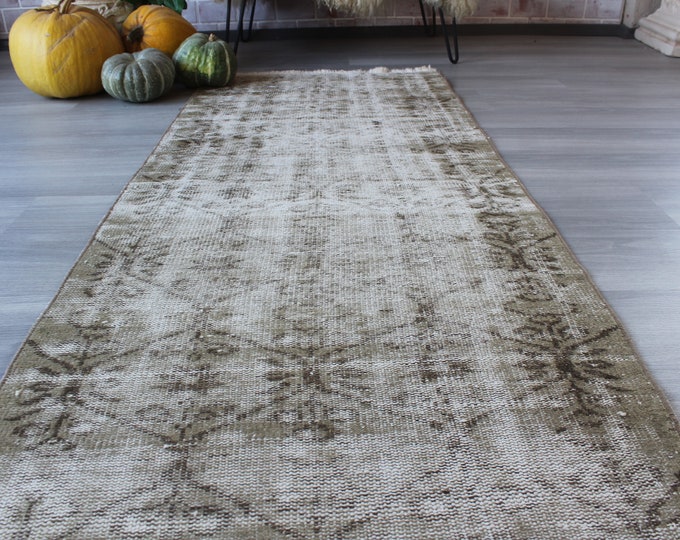 Vintage rug , Distressed  Rug, Low Piled Beige  Rug, small rug runner, vintage rug runner, handwoven rug runner / B-1294 /