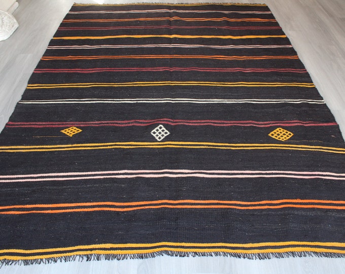 Striped Black Kilim Rug , Ethnic Black Rug, Bohemian Kilim Rug / B- 1736 / 7'x9'5"