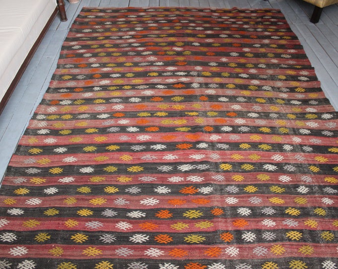 5'8"x7'9" Vintage Area Kilim Rug,Ethnic Bohemian Handwoven Wool Kilim Rug,Striped Handmade Kilim