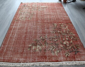 Pale Floral Red Rug , 5'2"x8'2" ft  Vintage Distressed Low Piled  OUSHAK  Rug