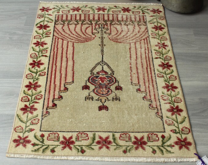 Small Chandelier Design Rug, Small Turkish Rug, Decorative Entry Rug, Small Bedroom Rug , Small Pink-Beige Rug / B-1617 / 2'4"X3'3"
