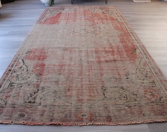 Vintage Distressed Rug, Ethnic Pale Rug,  Mute Coloured Rug, Pale Red Rug, Vintage Oushak  Rug / B-1253 / 5'x9'8" feet