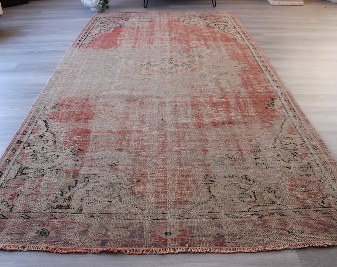 Vintage Distressed Rug, Ethnic Pale Rug,  Mute Coloured Rug, Pale Red Rug, Vintage Oushak  Rug / B-1253 / 5'x9'8" feet