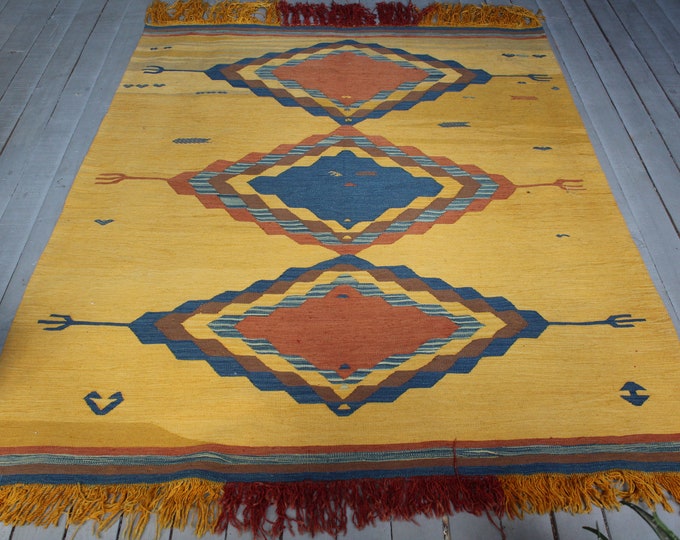 4'4"x 6'7" Vintage Yellow Kilim Rug, Bohemian Ethnic Handwoven High Quality Wool Kilim Rug
