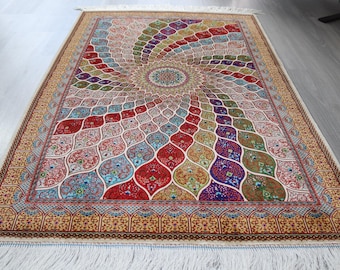Wheel Of Fortune Design Silk Rug, 3'3''x5', Colored Handwoven Silk Rug / B-1936