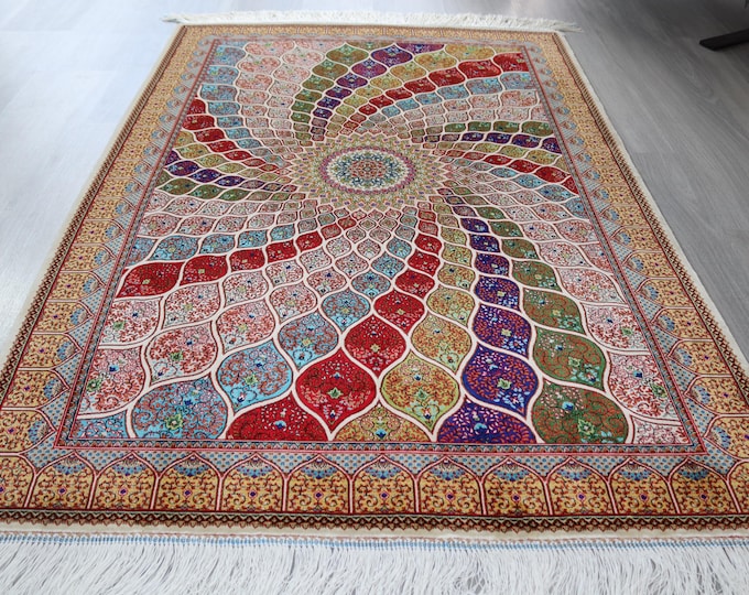Wheel Of Fortune Design Silk Rug, 3'3''x5', Colored Handwoven Silk Rug / B-1936