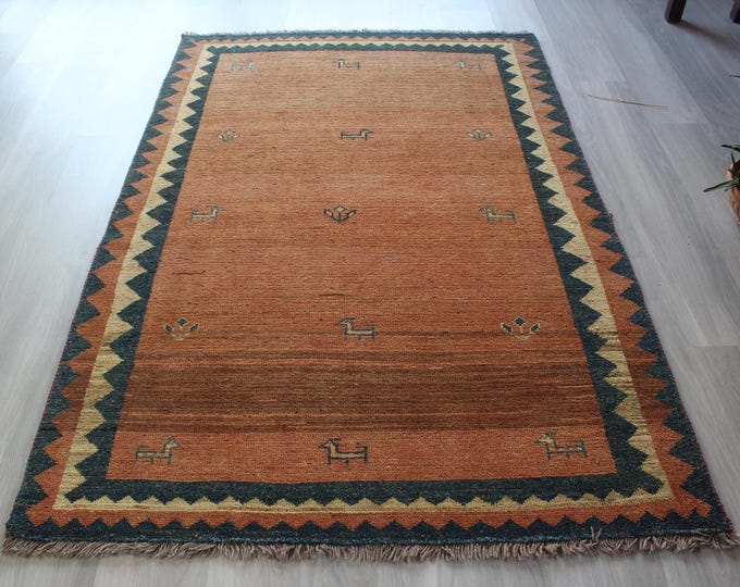 Salmon Color Wool Rug, Modern Design Rug , Plain Handwoven Rug /  B-1873 / 4'3''x 6'6''
