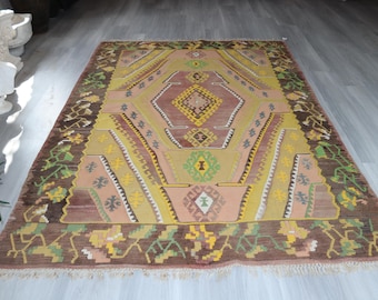 Vintage Anatolian Kilim, Bohemian Flat woven Rug, Green-Yellow -Brown Ethnic Rug / K-100 / 5'7''X8'3''