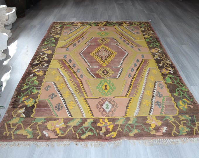 Vintage Anatolian Kilim, Bohemian Flat woven Rug, Green-Yellow -Brown Ethnic Rug / K-100 / 5'7''X8'3''