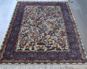 Floral Silk Rug with Nature Design , Blue-White Silk Rug, Oriental Silk Rug , Silk Tapestry / B-2034 / 2'6''x4'
