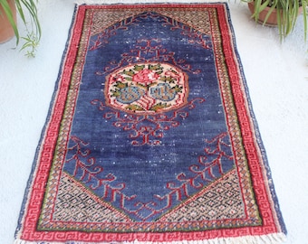 2'7"x5'6" ft Vintage Rug, Vintage Anatolian Rug, Vintage Turkish Rug, Blue-Red Rug, Floral Design Turkish Rug, Ethnic Rug, Small Area Rug