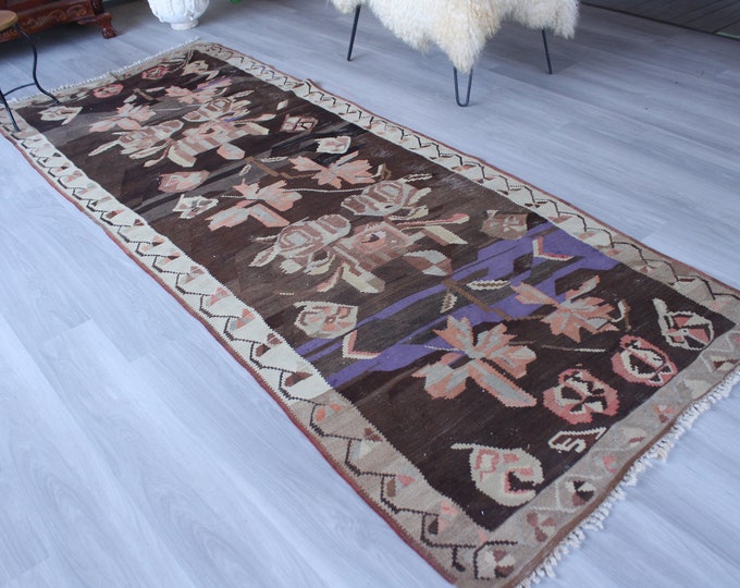 Vintage Wide Kilim Runner,Vintage Karabagh Kilim Runner, Vintage Floral  Rug, Floral Design Runner, Kilim Runner. Brown-Purple Kilim Runner