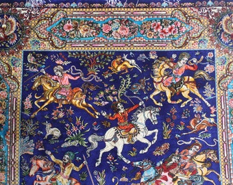 Silk Rug, 3'3"x5' Oriental Silk Rug , Decorative Silk Rug Tapestry, Blue Silk Rug / B-1807 / 100x150 cm
