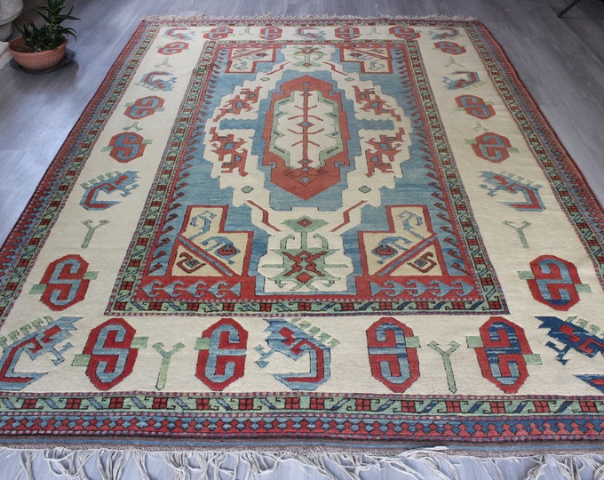 7'X10' Beige-Blue Rug, Piled Anatolian Rug, Large Ethnic Design Rug, Large Turkish Rug / B-1687