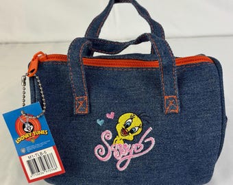 2003 Blue Looney Tunes Tweety Bird Mini Bag / Handbag Purse minibag / 2000 90s Toons / Vintage Embroidered Denim 2000s bags Buggs Daffy