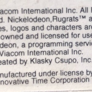 May include: &copy;1998 Viacom International Inc. All Rights Reserved. Nickelodeon, Rugrats&trade; and all related titles, logos and characters are trademarks owned and licensed for use by Nickelodeon, a programming service of Viacom International Inc. Created by Klasky Csupo, Inc. Manufactured under license by Innovative Time Corporation.