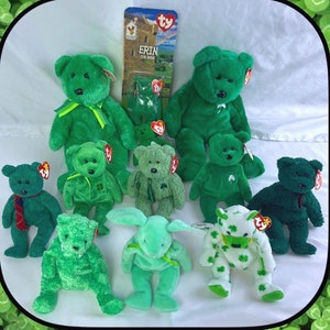 New St. Patrick’s Day Beanie Babies Bundle Lot Saint Feast Irish Shamrocks Collectible Baby 80s 90s Vintage TY Stuffed Gift Rare Green set