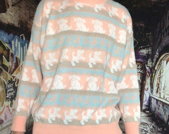 Vintage Kawaii Pastel Sweater / Donagain Harajuku / Dancing Dogs / 80s ulzzang