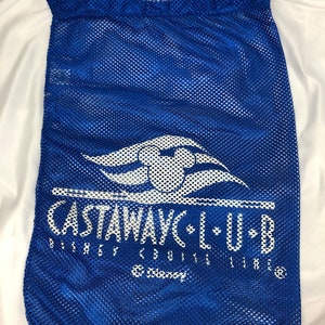 May include: Blue mesh drawstring bag with the white logo "Castaway Club Disney Cruise Line" and a white wave design.