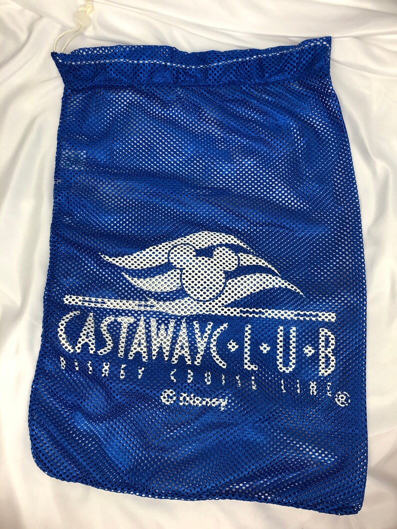May include: Blue mesh drawstring bag with the white logo "Castaway Club Disney Cruise Line" and a white wave design.