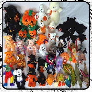Halloween & Fall Beanie Babies Bundle Lot / Collectible Baby Stuffed Animals / 80s - 90s / Ghost Bats Horror Cats / TY Vintage Goth Pumpkin