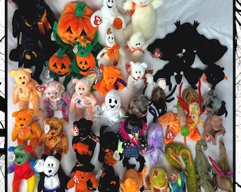 Halloween & Fall Beanie Babies Bundle Lot / Collectible Baby Stuffed Animals / 80s - 90s / Ghost Bats Horror Cats / TY Vintage Goth Pumpkin