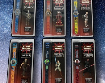 Orologi da polso Star Wars del 1999 / vintage anni '90 / Memorabilia da collezione / Orologio Dark Vader Darth Mal / Luke Skywalker Light saber Jar Jar Binks