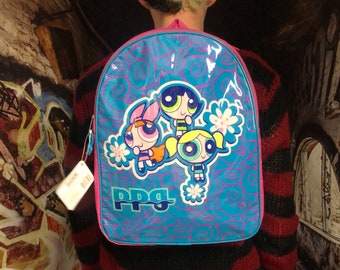 2000s Blue Powerpuff girls Mini Backpack / Powerpuff back pack / Vintage Cartoon Network Vinyl bag / 90s 1990s 2000 school bag festival CN