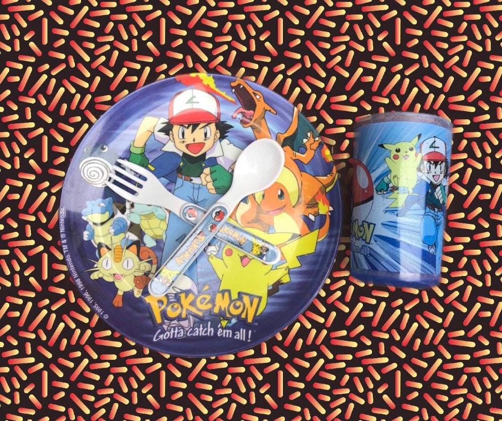 Vintage Rare Pokemon Set / Plate Cup Fork Spoon / 1995 1996 1998