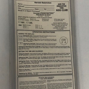 May include: Rugrats watch warranty registration card with instructions on how to set the time and date. The card also includes information on joining the Innovative Time Kids Club.