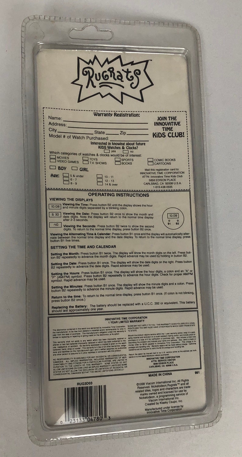 May include: Rugrats watch warranty registration card with instructions on how to set the time and date. The card also includes information on joining the Innovative Time Kids Club.