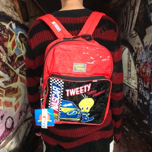 Y2K Red Looney Tunes Tweety Bird Backpack / Plastic Vinyl / NASCAR Racing Back pack mini bag / 2000 90s Toons / Vintage Taz blue Black 2000s