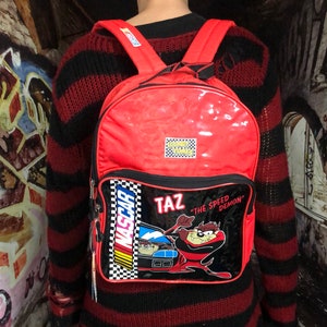 Y2K Red Looney Tunes Tasmanian Devil Rugzak Plastic Vinyl NASCAR Racing Back pack mini tas 2000s 90s Toons Vintage Taz Tweety Bird