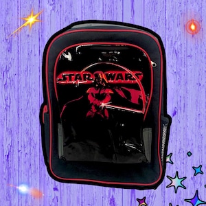 May include: Black backpack with a red trim and a clear plastic panel featuring Darth Vader and the text "STAR WARS".