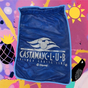 May include: Blue mesh drawstring bag with the Castaway Club Disney Cruise Line logo. The logo features a white Mickey Mouse head inside a white wave.