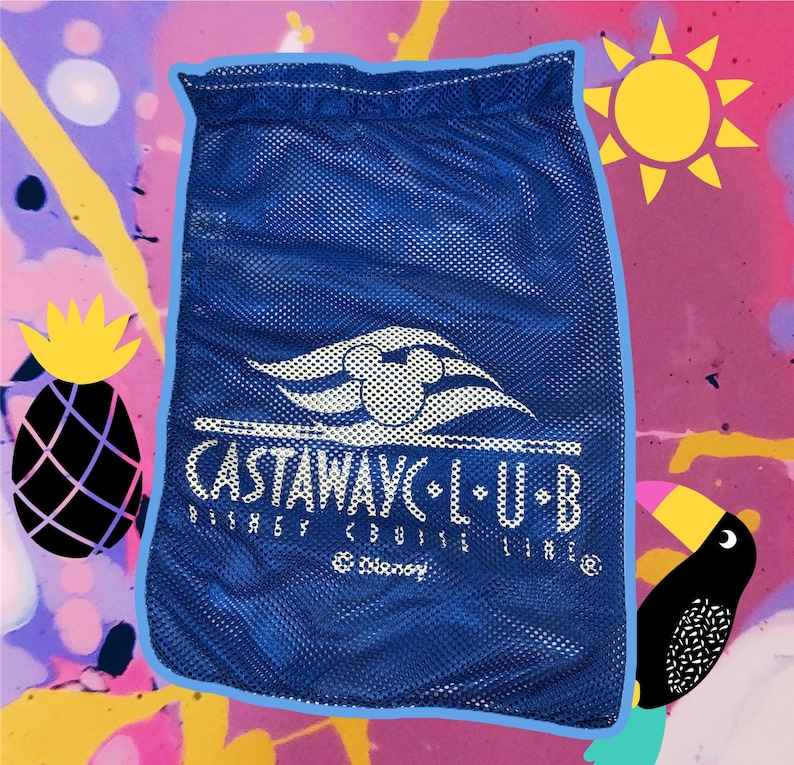 May include: Blue mesh drawstring bag with the Castaway Club Disney Cruise Line logo. The logo features a white Mickey Mouse head inside a white wave.