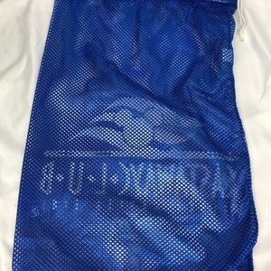 May include: A blue mesh laundry bag with a drawstring closure. The bag is made of a fine mesh material and is designed to hold delicate items.