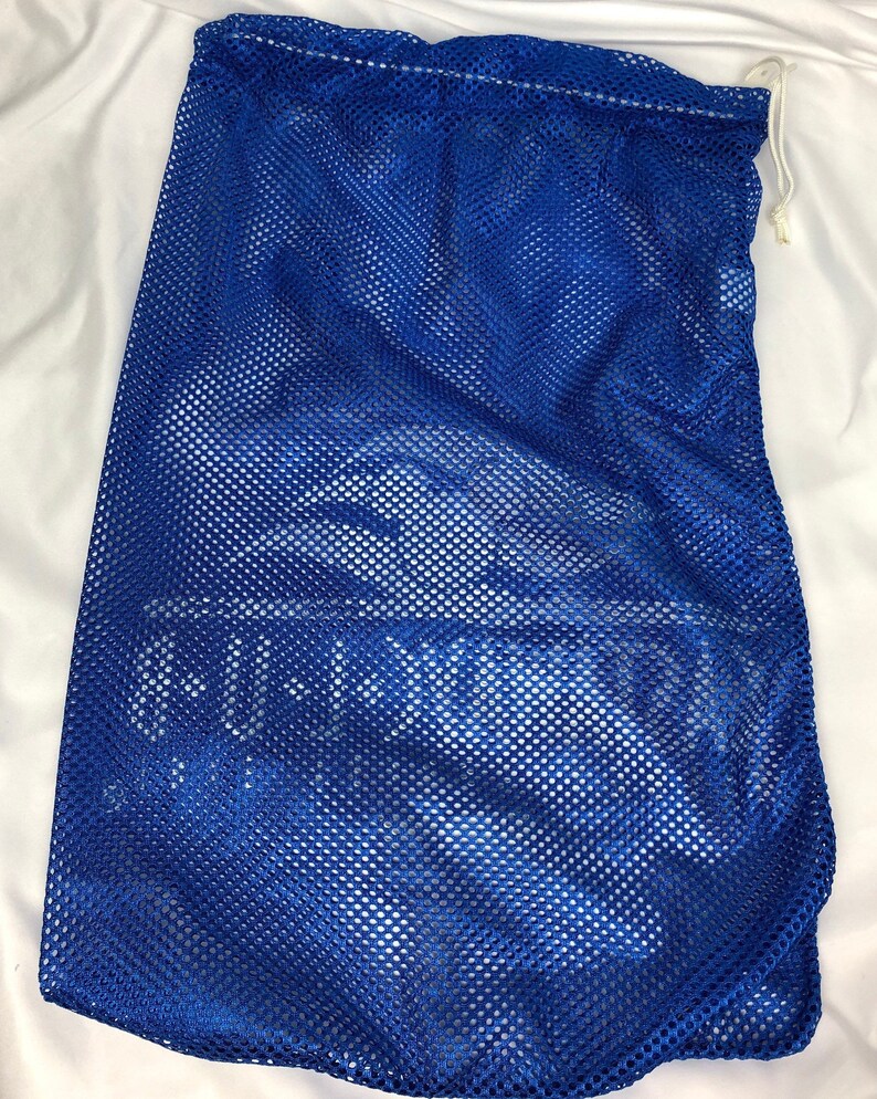 May include: A blue mesh laundry bag with a drawstring closure. The bag is made of a fine mesh material and is designed to hold delicate items.