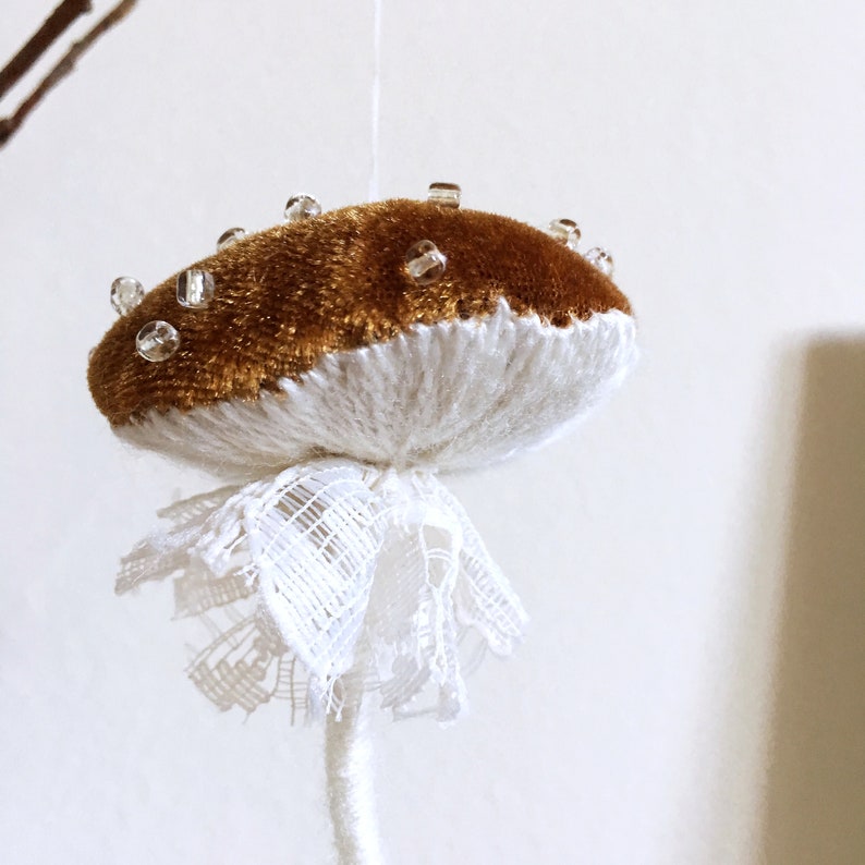 Mushroom toadstool, Yule ornament, witchy decor, cottagecore, unique decoration, funghi textile art, sustainable recycled textile decoration image 1