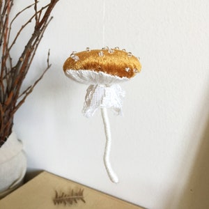Mushroom toadstool, Yule ornament, witchy decor, cottagecore, unique decoration, funghi textile art, sustainable recycled textile decoration image 2