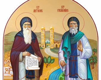 Saint Anthony and Saint Pachomius, Byzantine icon of saints, handmade Christian art on wood, religious gift church decor home praying corner