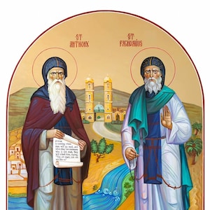 San Antonio y San Pacomio, icono bizantino de santos, arte cristiano hecho a mano sobre madera, regalo religioso, decoración de iglesia, rincón de oración del hogar