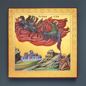 Byzantine Handmade Icon Replica of The Ascension of Elijah: A Meaningful Orthodox Gift for Home Decor and Church Displays