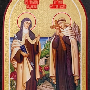 Réplica de ícone bizantino feito à mão: Santa Teresa de Ávila e São João para presentes ortodoxos e decoração de casa