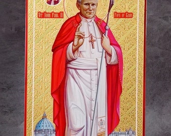 Byzantine Handmade Pope John Paul II Icon: Greek Orthodox Gift for Prayer Corners